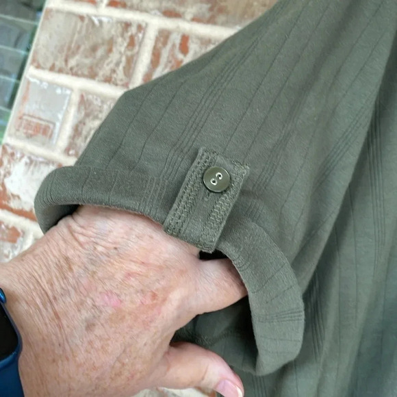 Essentials Olive Green Ribbed Knit Button Down V-neck Blouse - Picture 4 of 10